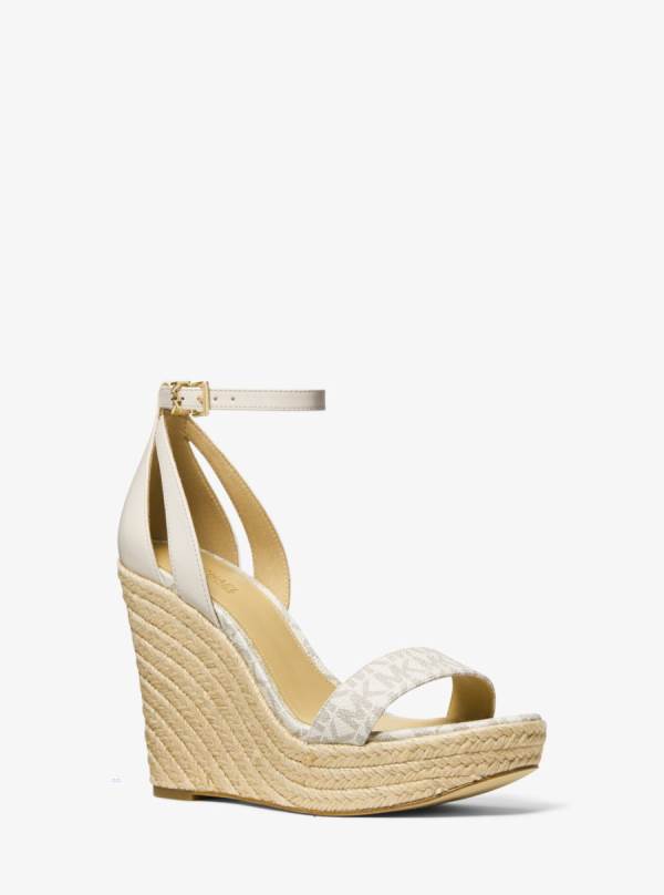 Damske Sandále Michael Kors Kimberly Logo and Leather Wedge Krém - Topanky Michael Kors Levně | YVMAU-6057